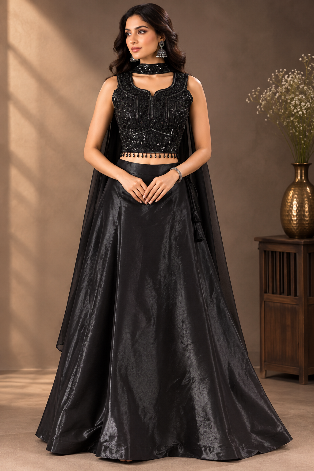 Black Tissue Silk Lehenga Set with Embellished Blouse